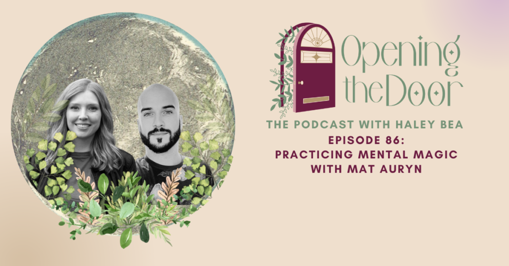 Mat Auryn, Podcast interview, Witchcraft symbols, Tarot cards, Mind power, Occult imagery, Spiritual journey, Podcast microphone, Conversation setup, Opening the Door Podcast